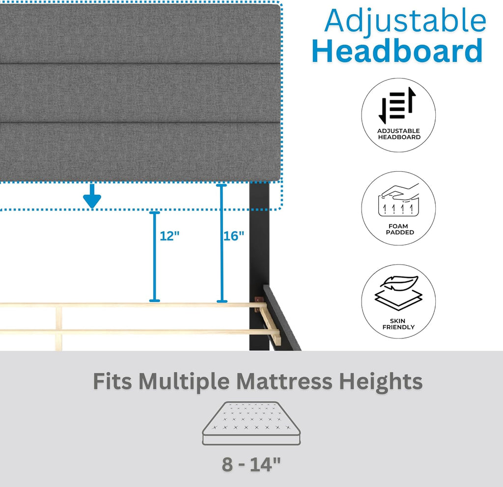 Ravenna Grey Linen Full Size Fully Upholstered Platform Bed Frame with Adjustable Headboard - Qualified Box Spring or Foundation Required for Use