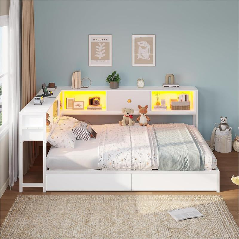 Corner Full Bed Frame with Bookcase Storage and Led Lights Metal Platform Bed Frame with Drawers and Charging Station Full Size Daybed with Storage for Living Room,Bedroom,Guest Room,White