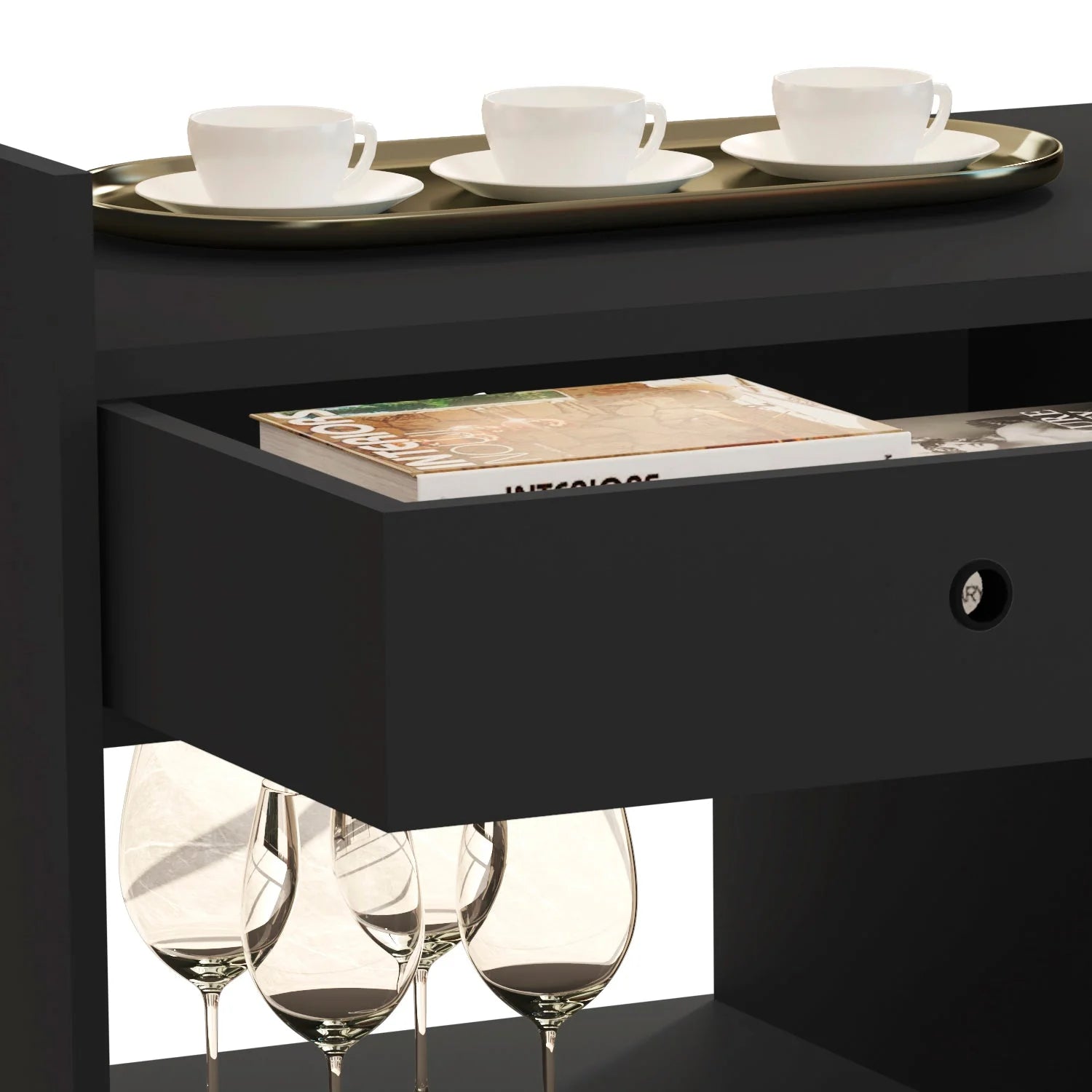 Boahaus Evershot Bar Cabinet with Open Shelves & Wooden Legs | Modern Design