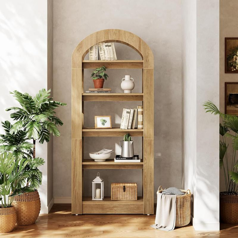 LITTLE TREE 5-Tier Bookshelf, Arch-Shaped Racks, Tall Standing Wooden Bookcase Display Shelf Modern Storage Solution