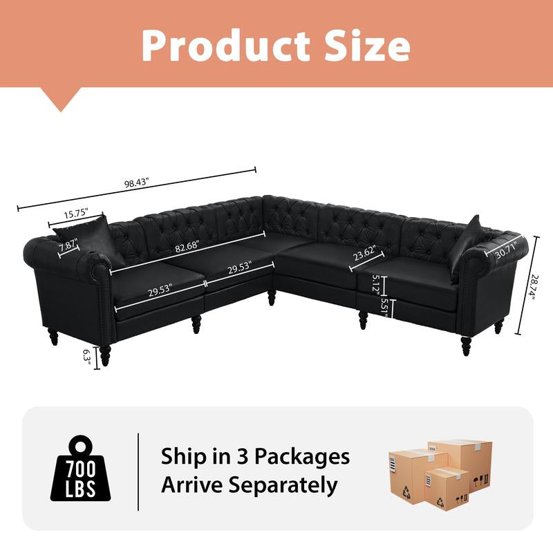 【Shipped in Two or More Packages】Giratree Furniture 98" PU Leather Chesterfield 3+2 Tufted Modular Sectional Sofa with Pillows, Rolled Arms and Nailhead Trim, Classic Upholstered Couch for Living Room, Apartment, Bedroom