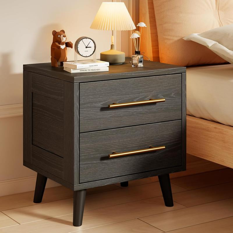 Gizoon Nightstand, Bedside Table with Metal Handles, Modern Wood Night Stand 2 Drawer Dresser for Bedroom, Black Furniture