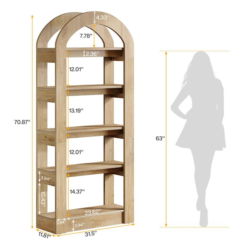 LITTLE TREE 5-Tier Bookshelf, Arch-Shaped Racks, Tall Standing Wooden Bookcase Display Shelf Modern Storage Solution