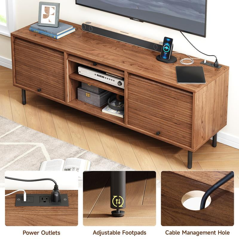 59 Inch TV Stand for Tvs up to 65 Inch, Entertainment Center with Power Outlet, Mid-Century Modern TV Console with Storage, Adjustable Shelf & Sliding Doors, TV Stand for Living Room