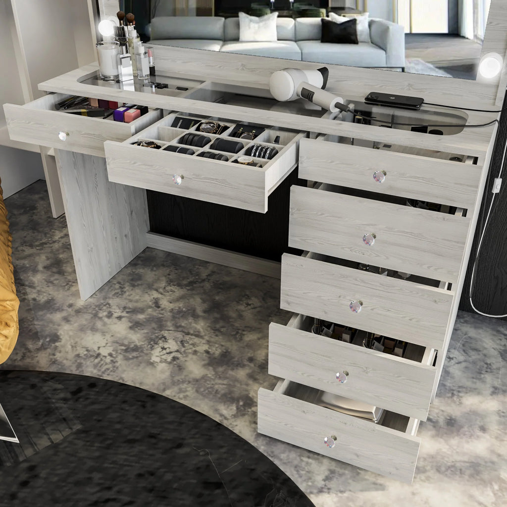 Boahaus Serena Makeup Vanity Table with Built-In Lights & Glass Top | Elegance Redefined