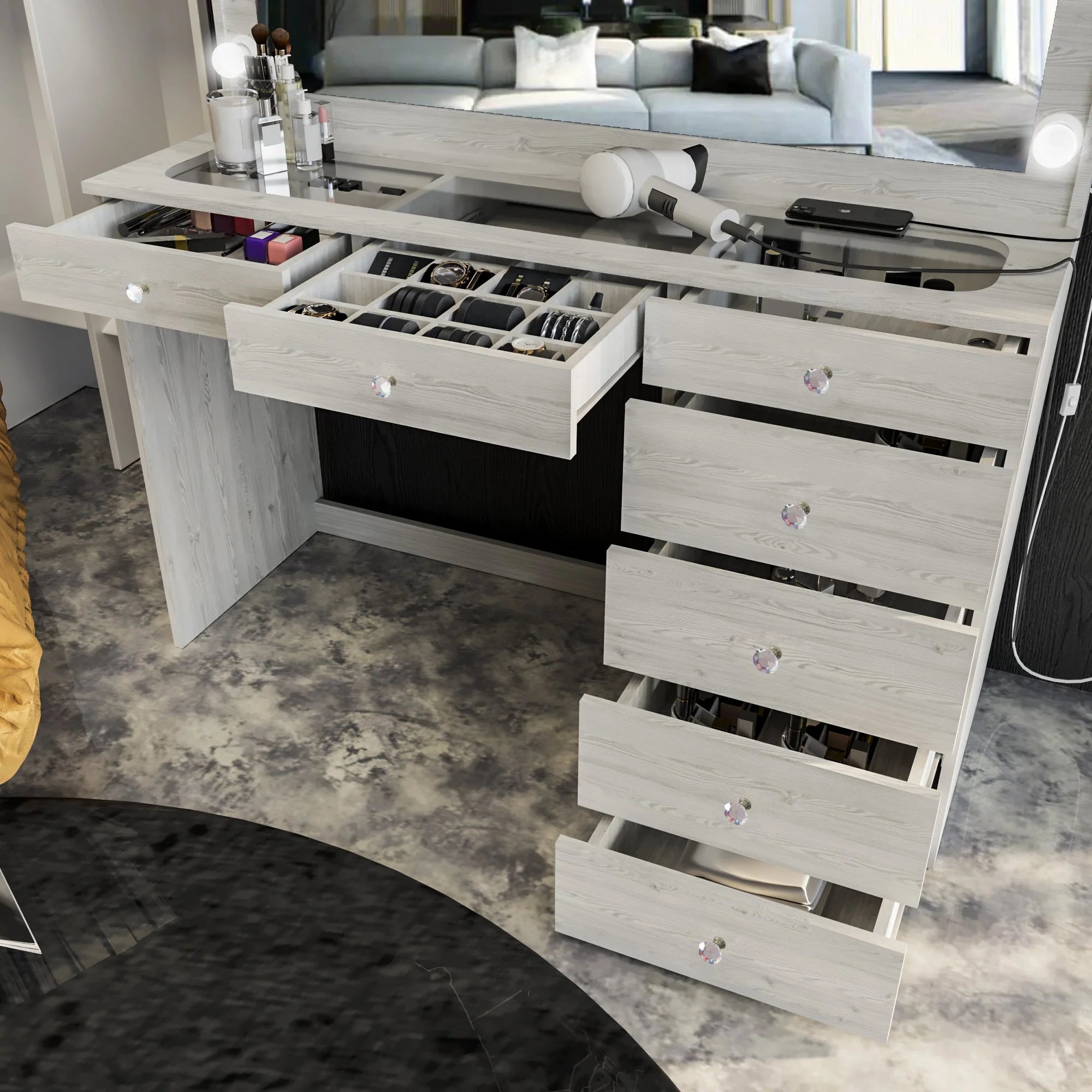 Boahaus Serena Makeup Vanity Table with Built-In Lights & Glass Top | Elegance Redefined