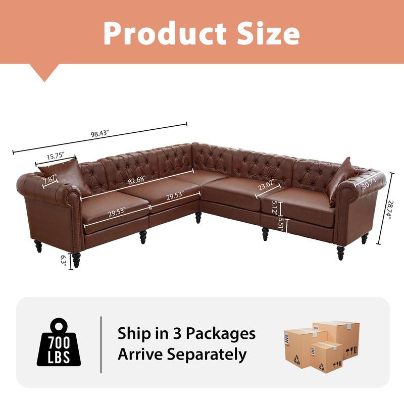 【Shipped in Two or More Packages】Giratree Furniture 98" PU Leather Chesterfield 3+2 Tufted Modular Sectional Sofa with Pillows, Rolled Arms and Nailhead Trim, Classic Upholstered Couch for Living Room, Apartment, Bedroom