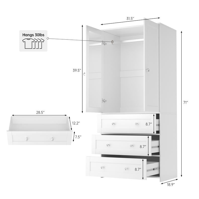 VOWNER Freestanding Wardrobe, 71" High Closet with 2 Doors and 3 Drawers, Bedroom, Living Room