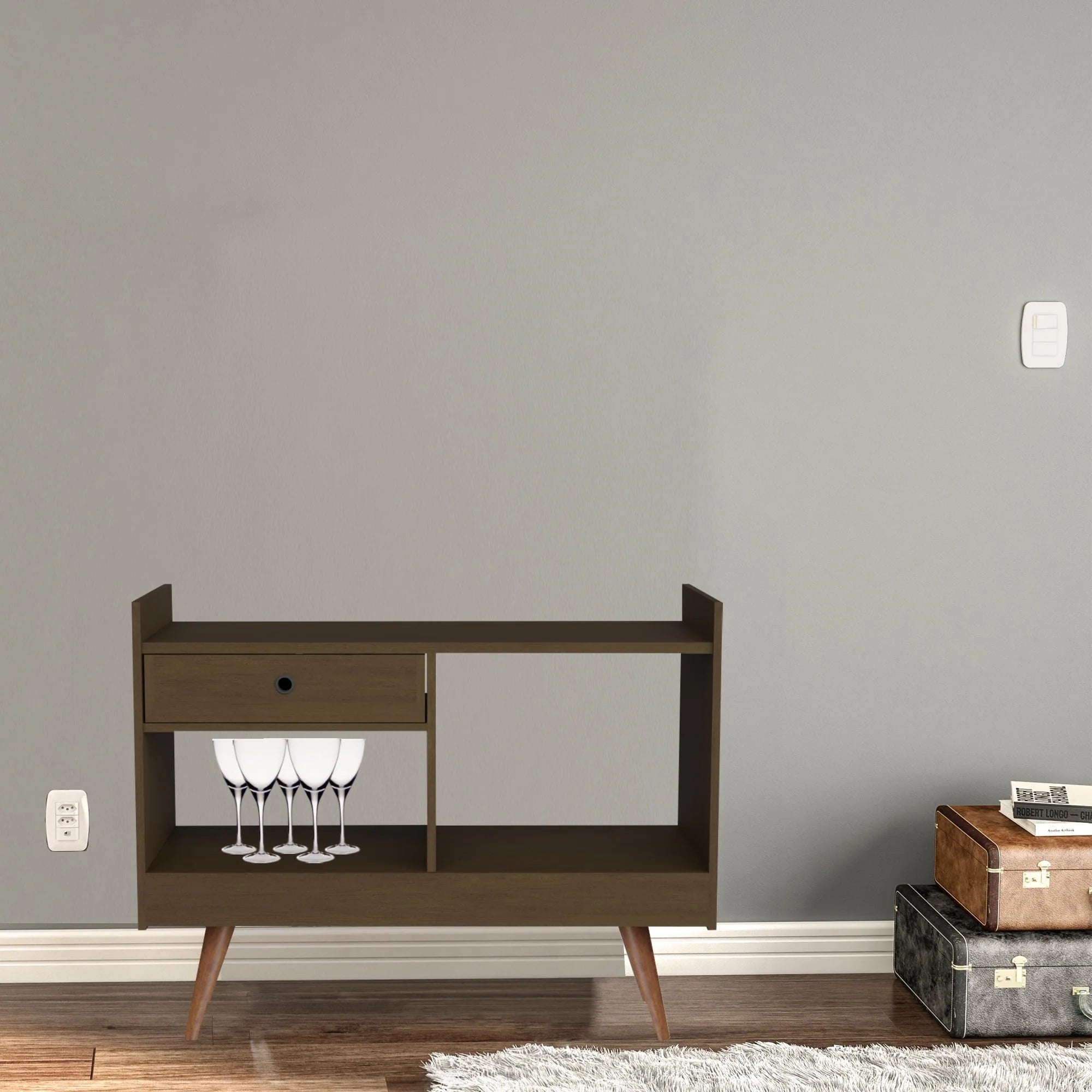 Boahaus Evershot Bar Cabinet with Open Shelves & Wooden Legs | Modern Design