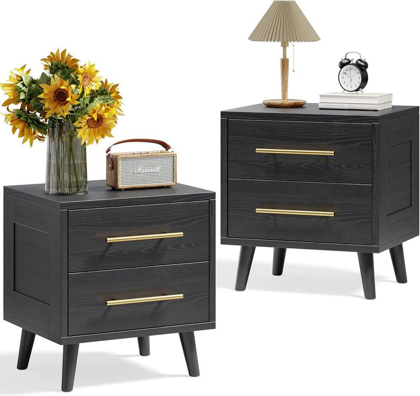 Gizoon Nightstand, Bedside Table with Metal Handles, Modern Wood Night Stand 2 Drawer Dresser for Bedroom, Black Furniture