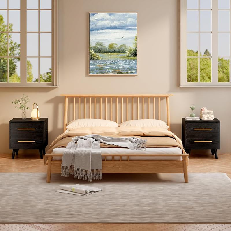 Gizoon Nightstand, Bedside Table with Metal Handles, Modern Wood Night Stand 2 Drawer Dresser for Bedroom, Black Furniture