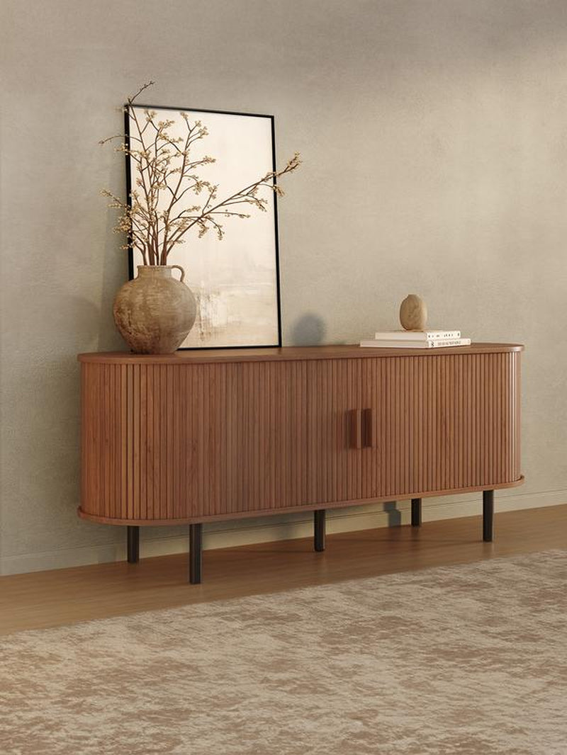 【Backtoschool】Onbrill Fluted TV Stand with Power Outlet for Tvs up to 60/70 Inch, TV Stands for Living Room with Storage & Adjustable Shelves, Entertainment Center with Sliding Doors, Console Table, Living Room Bedroom Furniture