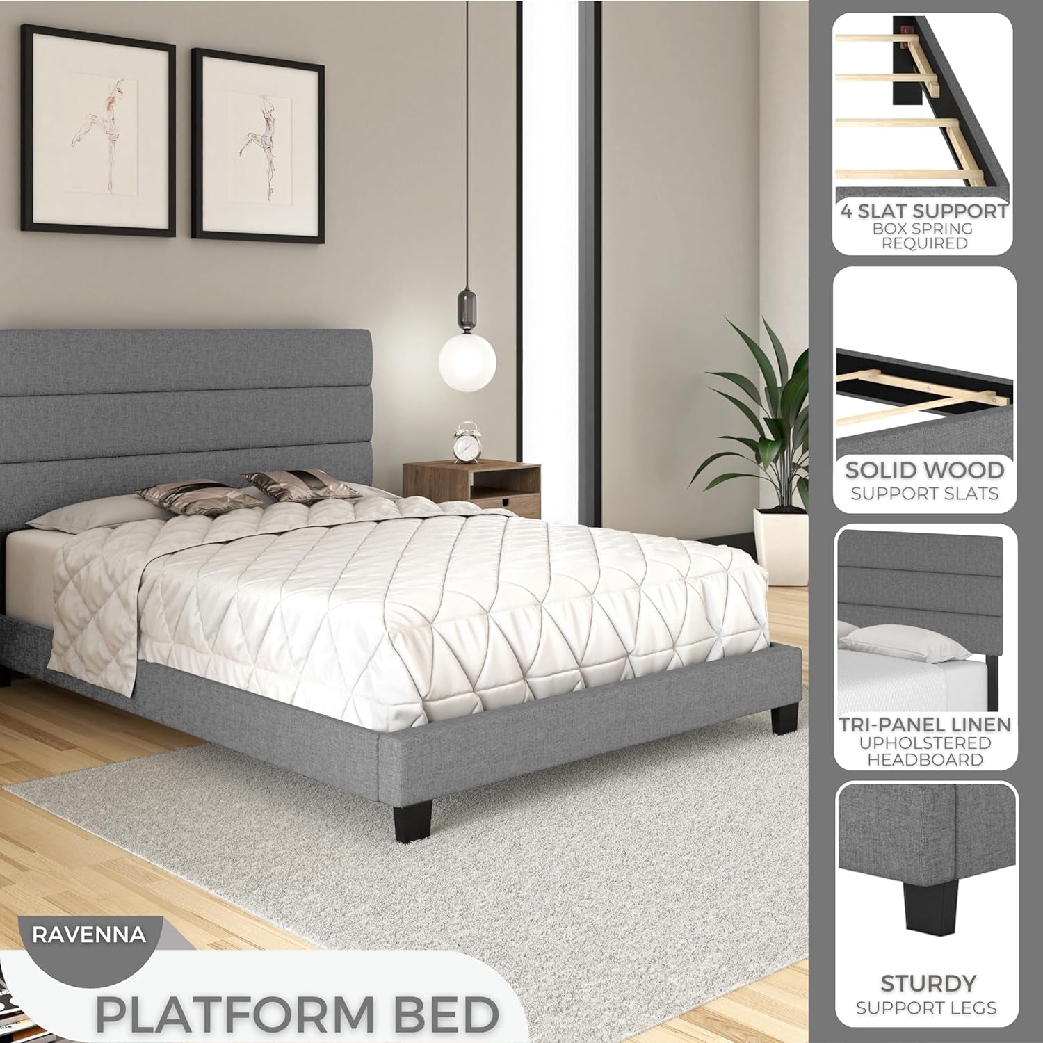 Ravenna Grey Linen Full Size Fully Upholstered Platform Bed Frame with Adjustable Headboard - Qualified Box Spring or Foundation Required for Use