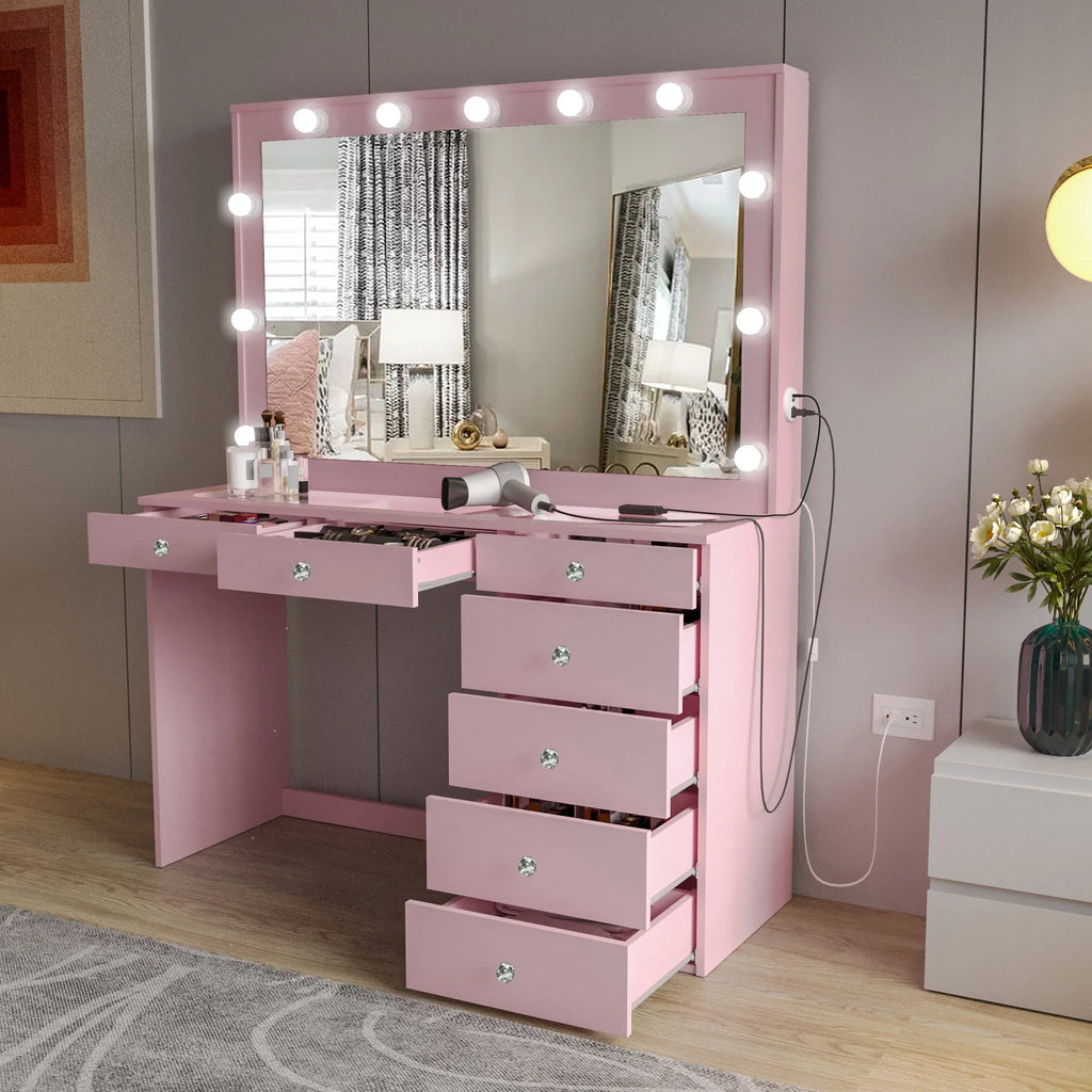 Boahaus Serena Makeup Vanity Table with Built-In Lights & Glass Top | Elegance Redefined