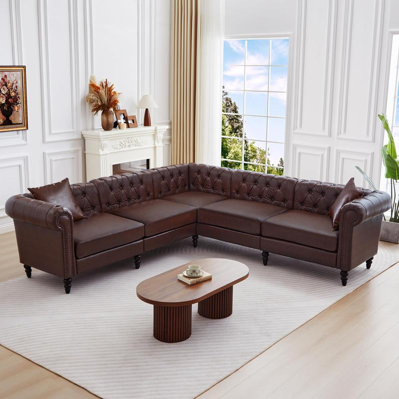 【Shipped in Two or More Packages】Giratree Furniture 98" PU Leather Chesterfield 3+2 Tufted Modular Sectional Sofa with Pillows, Rolled Arms and Nailhead Trim, Classic Upholstered Couch for Living Room, Apartment, Bedroom