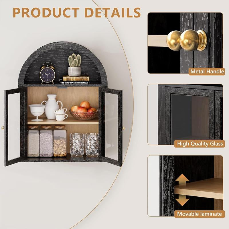 Arched Wall Cabinet,Glass Display Wall Mounted Cabinet with Tempered Glass Doors, Floating Cabinet with Adjustable Shelves for Bathroom,Living Room, Kitchen