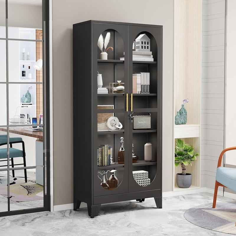 H71" Tall Metal Curio Cabinet, Display Cabinet with Glass Door, 5 Tier Liquor with 4 Adjustable Shelves, Locking Glass Display Case for Collectibles, Showcase Storage Cabinets, Black