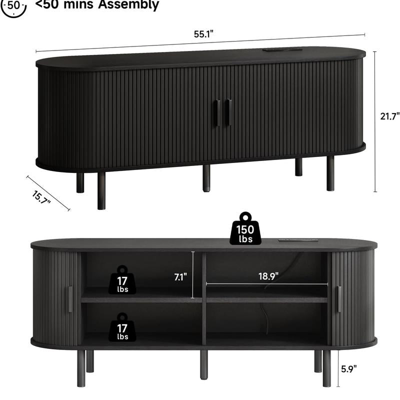 【Backtoschool】Onbrill Fluted TV Stand with Power Outlet for Tvs up to 60/70 Inch, TV Stands for Living Room with Storage & Adjustable Shelves, Entertainment Center with Sliding Doors, Console Table, Living Room Bedroom Furniture
