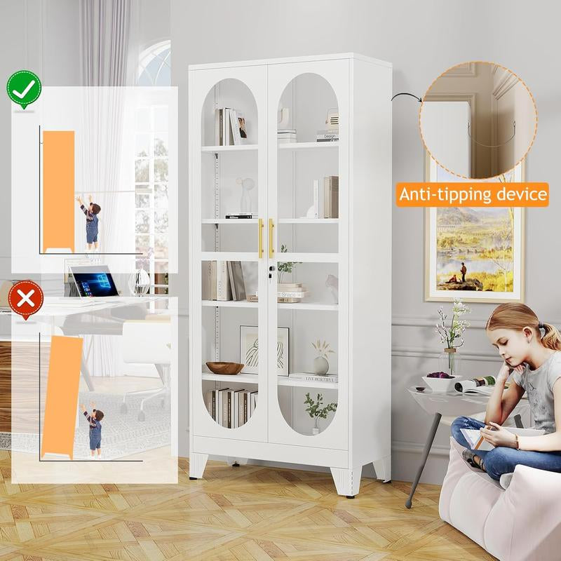 H71" Tall Metal Curio Cabinet, Display Cabinet with Glass Door, 5 Tier Liquor with 4 Adjustable Shelves, Locking Glass Display Case for Collectibles, Showcase Storage Cabinets, Black