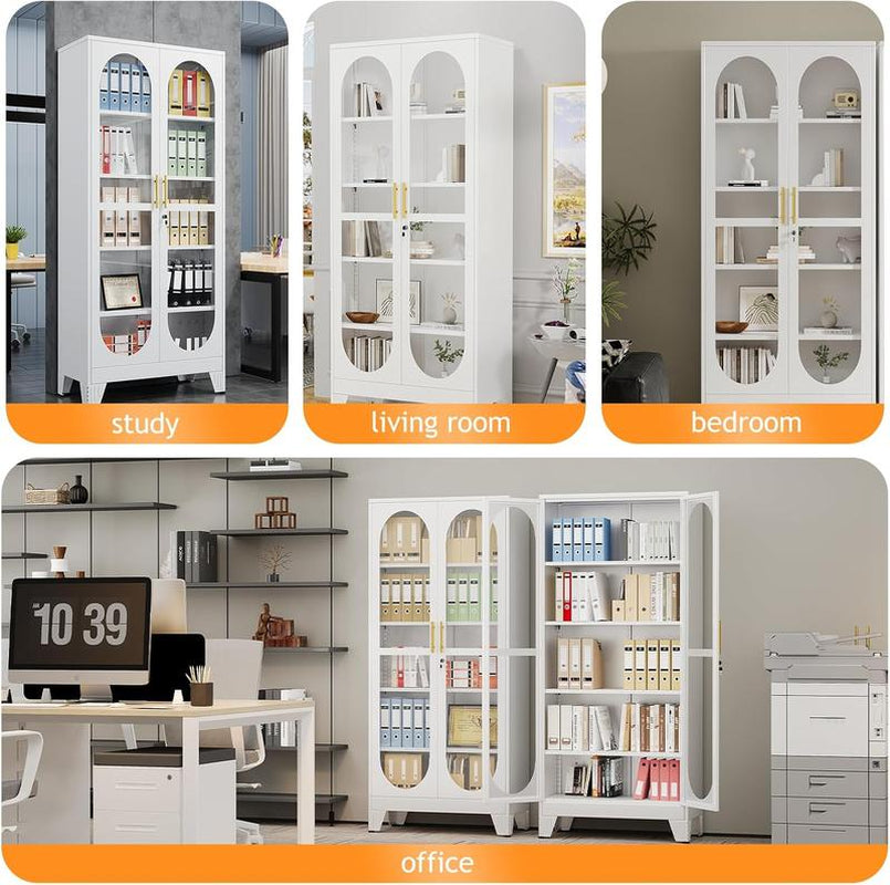 H71" Tall Metal Curio Cabinet, Display Cabinet with Glass Door, 5 Tier Liquor with 4 Adjustable Shelves, Locking Glass Display Case for Collectibles, Showcase Storage Cabinets, Black