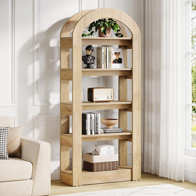 LITTLE TREE 5-Tier Bookshelf, Arch-Shaped Racks, Tall Standing Wooden Bookcase Display Shelf Modern Storage Solution