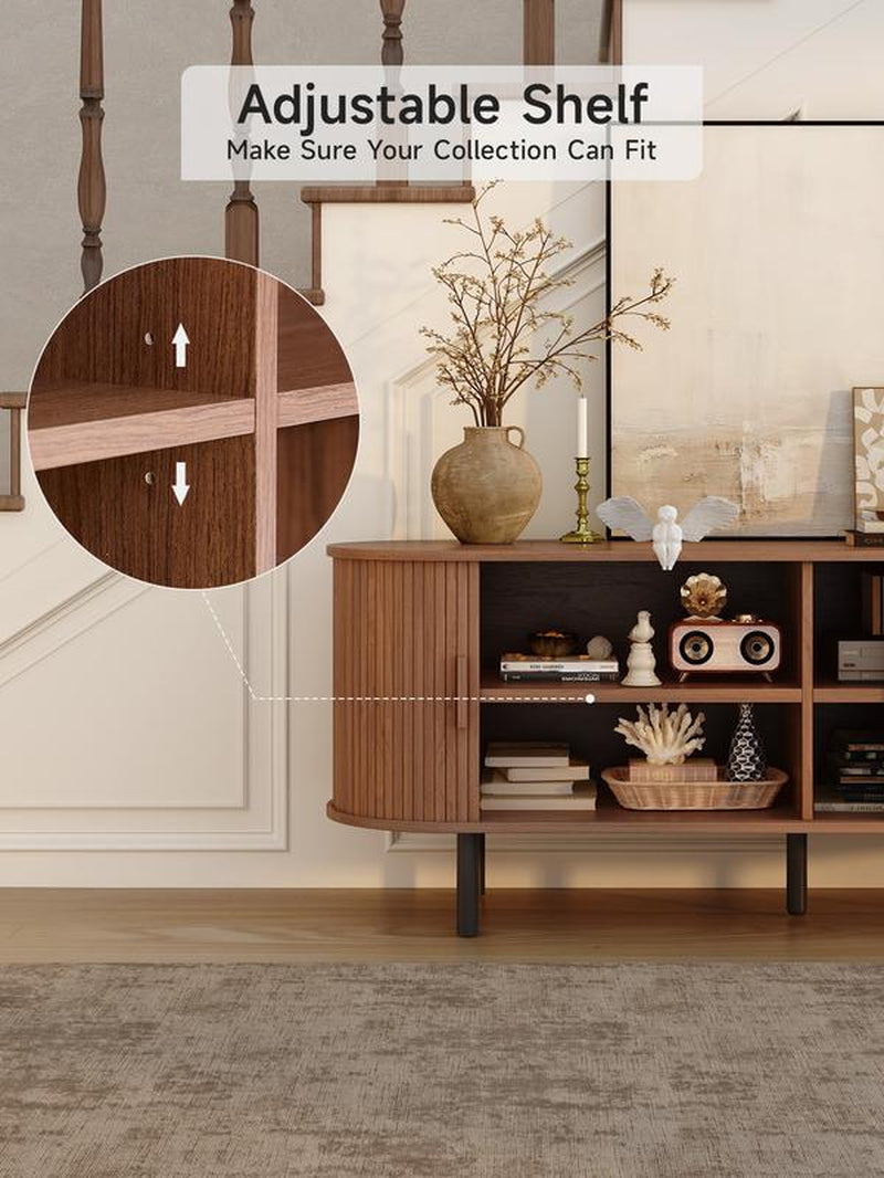 【Backtoschool】Onbrill Fluted TV Stand with Power Outlet for Tvs up to 60/70 Inch, TV Stands for Living Room with Storage & Adjustable Shelves, Entertainment Center with Sliding Doors, Console Table, Living Room Bedroom Furniture