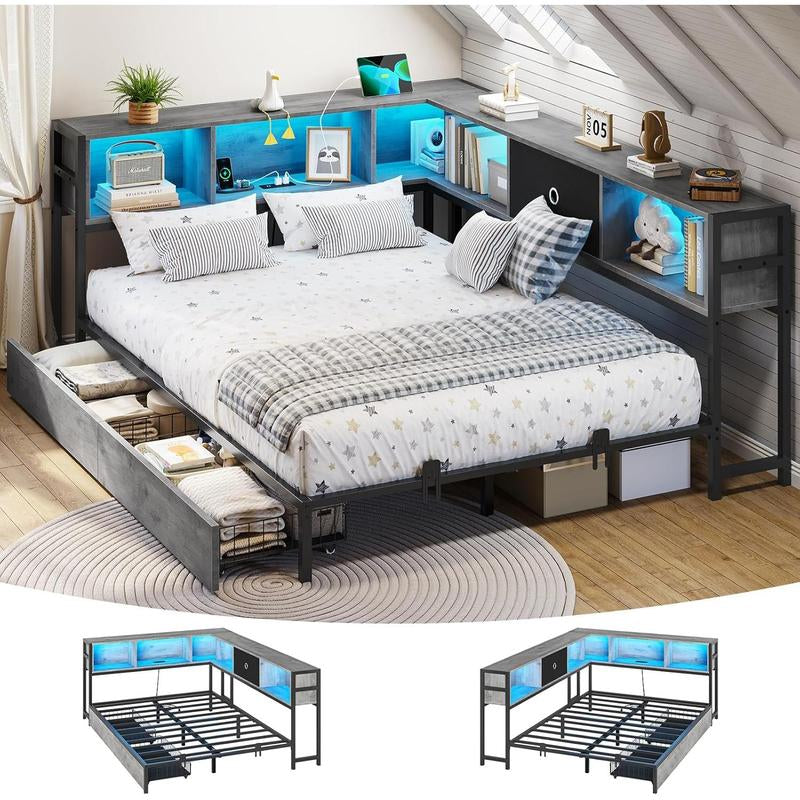 Corner Full Bed Frame with Bookcase Storage and Led Lights Metal Platform Bed Frame with Drawers and Charging Station Full Size Daybed with Storage for Living Room,Bedroom,Guest Room,White