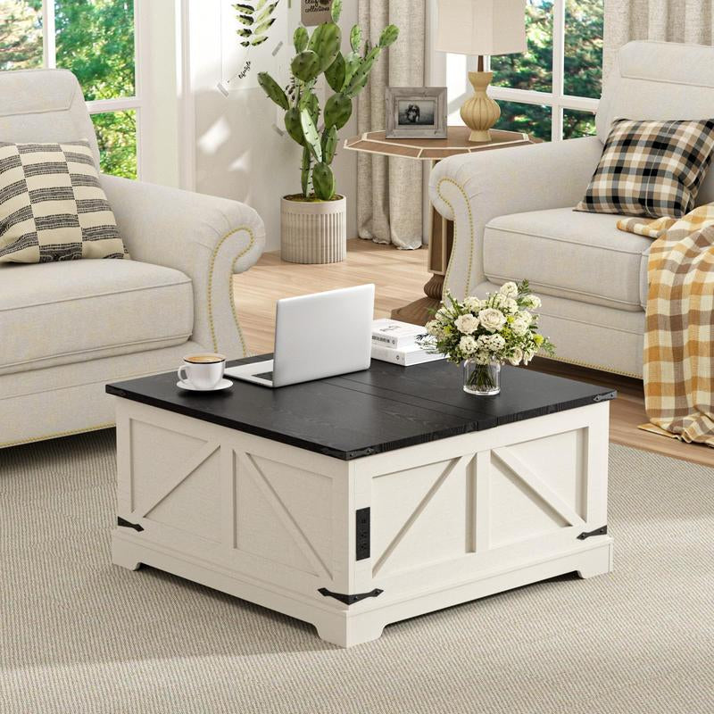 [Tiktokshopblackfriday] Vabches Farmhouse Lift Top Coffee Table with Storage, Wood Square Center Table with Charging Station, Rustic Cocktail Tables with Flip Top Lids for Living Room, Home Office, Modern Black
