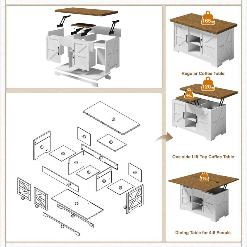VIVIDWOOD Lift Top Coffee Table with Storage, 4 in 1 Multi-Function Convertible Tea Tables with Hidden Compartment, Farmhouse Center Table Converts to Dining Table for Living Room, Apartment