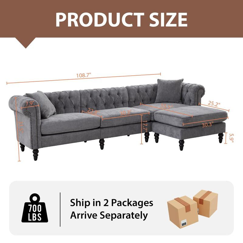 【Shipped in Two or More Packages】Giratree Furniture 98" PU Leather Chesterfield 3+2 Tufted Modular Sectional Sofa with Pillows, Rolled Arms and Nailhead Trim, Classic Upholstered Couch for Living Room, Apartment, Bedroom