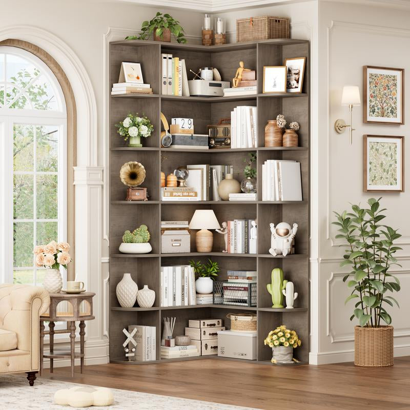 FOTOSOK 74'' Tall Corner Bookshelf, 6-Tier Bookshelf and Bookcase with Open Storage, L Shaped Tall Bookcases Wooden Storage Shelves for Home Office