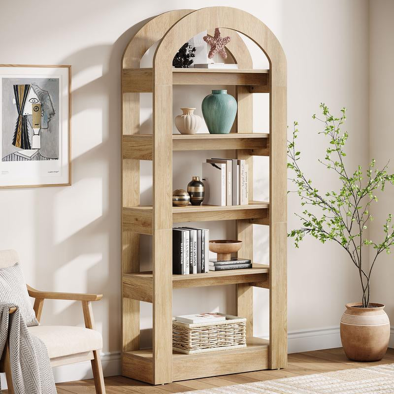 LITTLE TREE 5-Tier Bookshelf, Arch-Shaped Racks, Tall Standing Wooden Bookcase Display Shelf Modern Storage Solution
