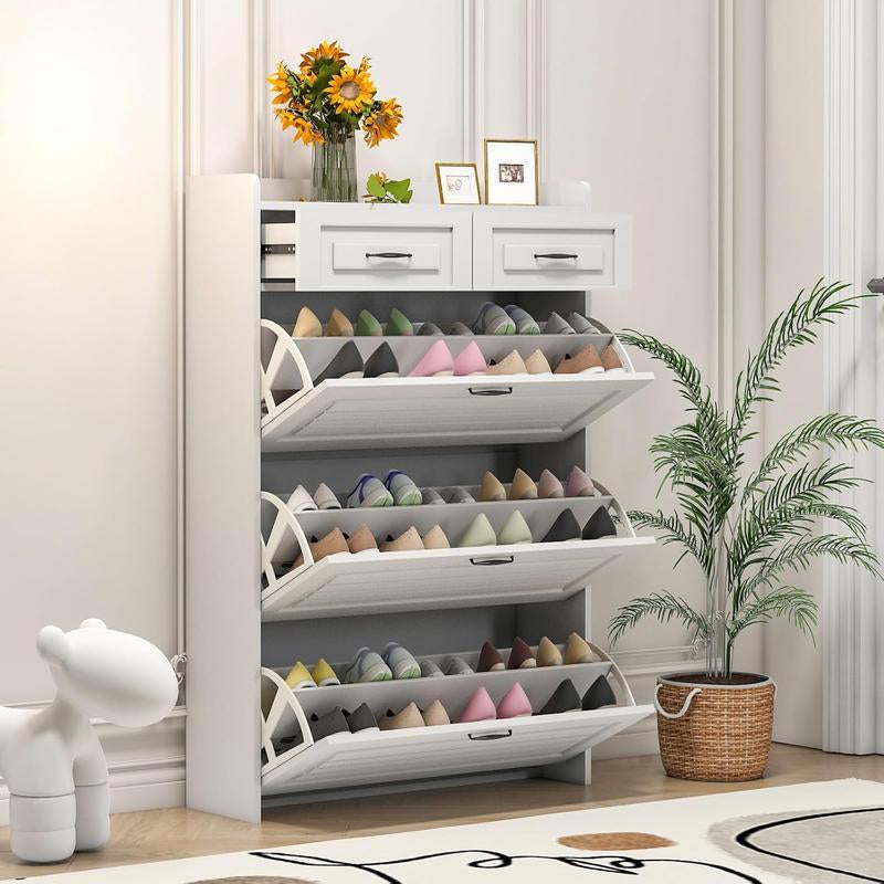 Spaco White Shoe Cabinet for Entryway, Freestanding Shoe Storage Cabinet,Wood Slim Hidden Shoe Rack Cabinet, Shoe Organizer Cabinet with 3 Flip Drawers & 2 Sliding Drawers for Closet, Hallway