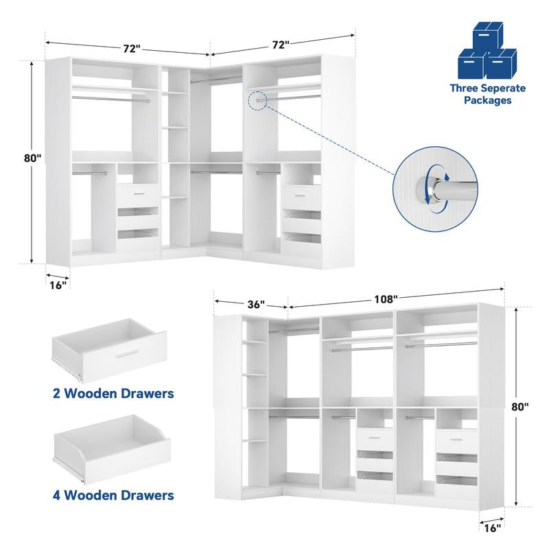 Cyclysio Corner Closet System with 6 Wooden Drawers and 6 Hanging Rods,Sturdy Walk-In Closet Organizer Wardrobe with Storage Shelves，3000 Lbs Capacity