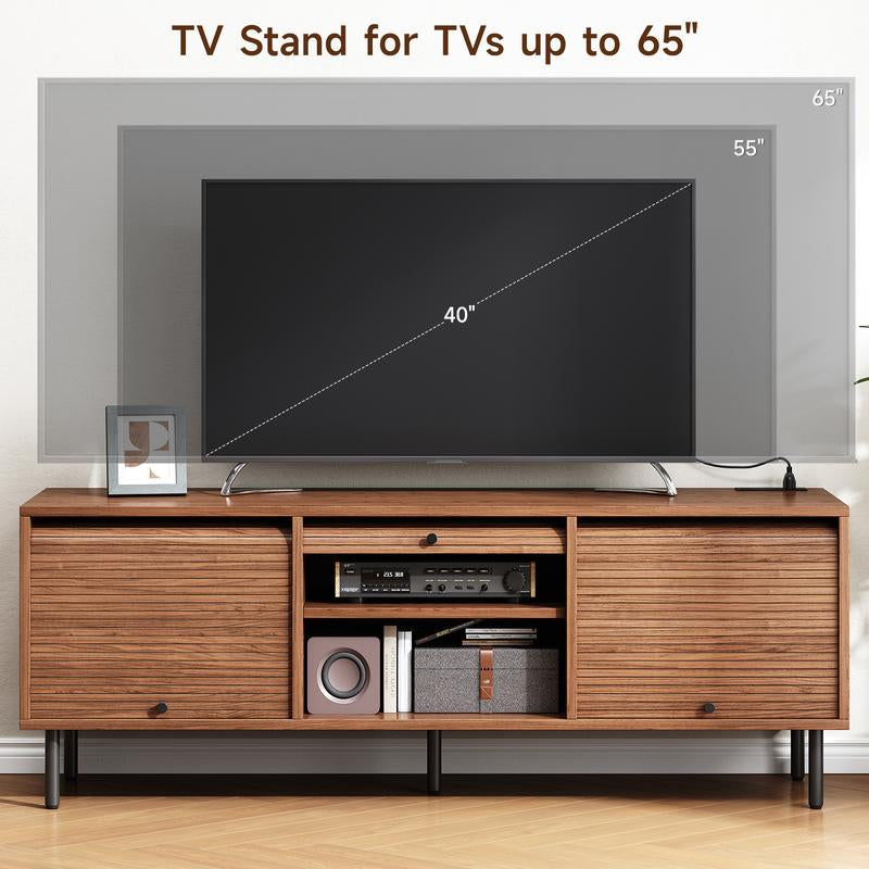 59 Inch TV Stand for Tvs up to 65 Inch, Entertainment Center with Power Outlet, Mid-Century Modern TV Console with Storage, Adjustable Shelf & Sliding Doors, TV Stand for Living Room