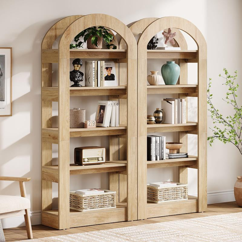 LITTLE TREE 5-Tier Bookshelf, Arch-Shaped Racks, Tall Standing Wooden Bookcase Display Shelf Modern Storage Solution
