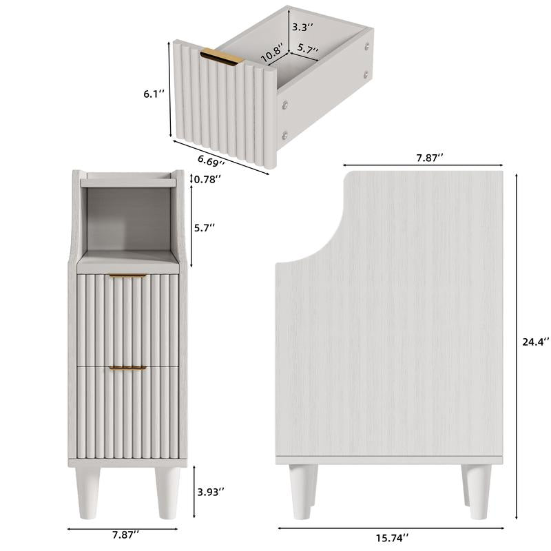 TOKSOM Two Small Bedside Tables with Drawers, a Pair of Solid Wood Bedside Tables, a Narrow Walnut White Bedside Table for the Bedroom, Which Can Be Placed in the Bedroom, Living Room, Study or Office