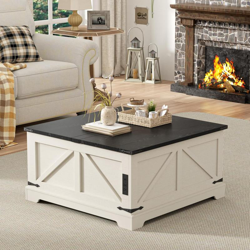 [Tiktokshopblackfriday] Vabches Farmhouse Lift Top Coffee Table with Storage, Wood Square Center Table with Charging Station, Rustic Cocktail Tables with Flip Top Lids for Living Room, Home Office, Modern Black