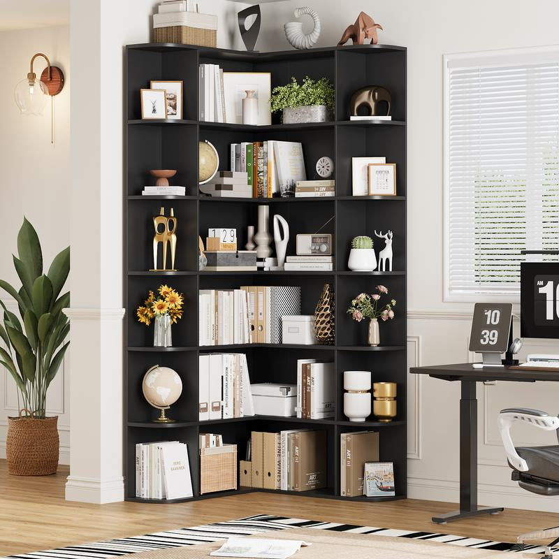 FOTOSOK 74'' Tall Corner Bookshelf, 6-Tier Bookshelf and Bookcase with Open Storage, L Shaped Tall Bookcases Wooden Storage Shelves for Home Office