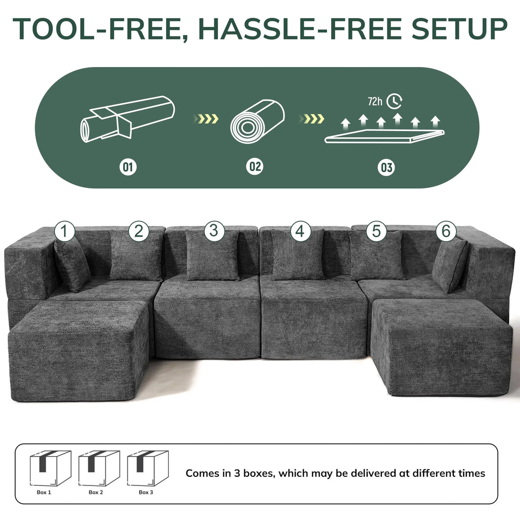 130" Oversized Modular Sectional Sofa for Living Room Furniture, Chenille Cloud Couch with Ottomans, Dark Gray