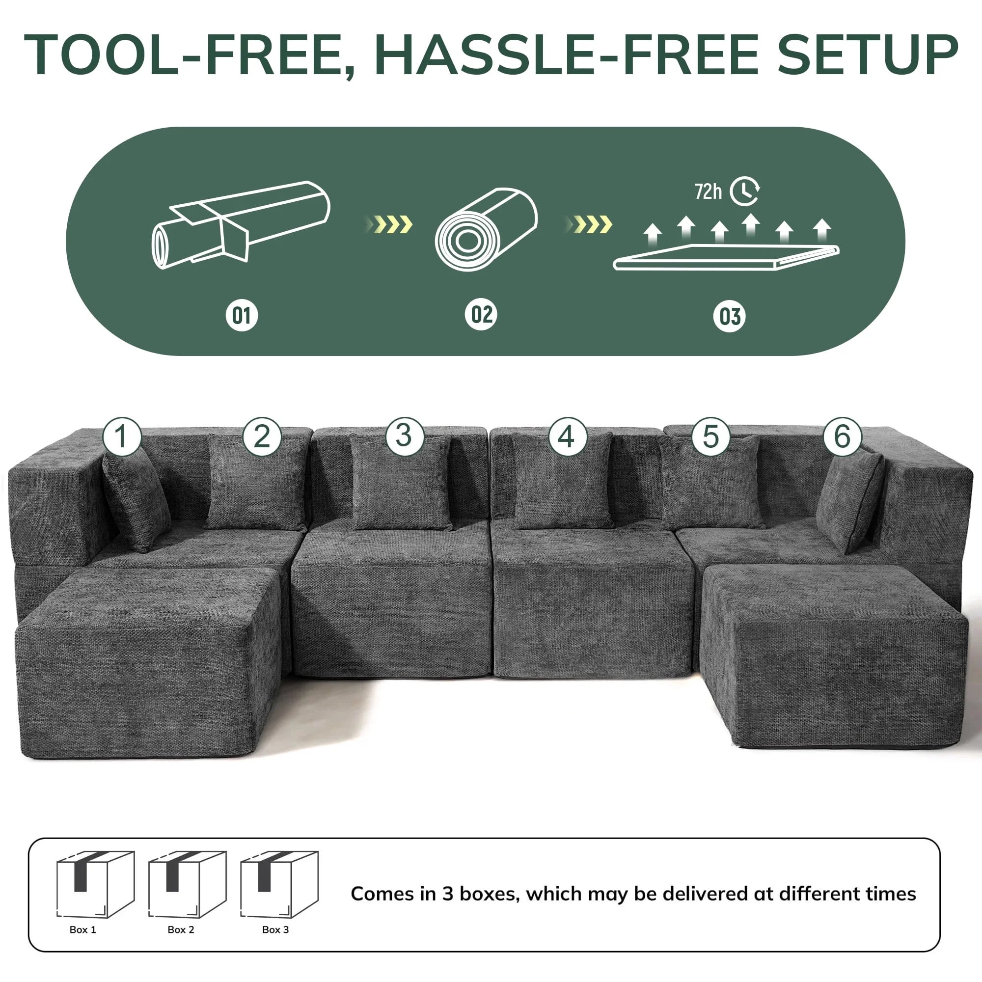 130" Oversized Modular Sectional Sofa for Living Room Furniture, Chenille Cloud Couch with Ottomans, Dark Gray