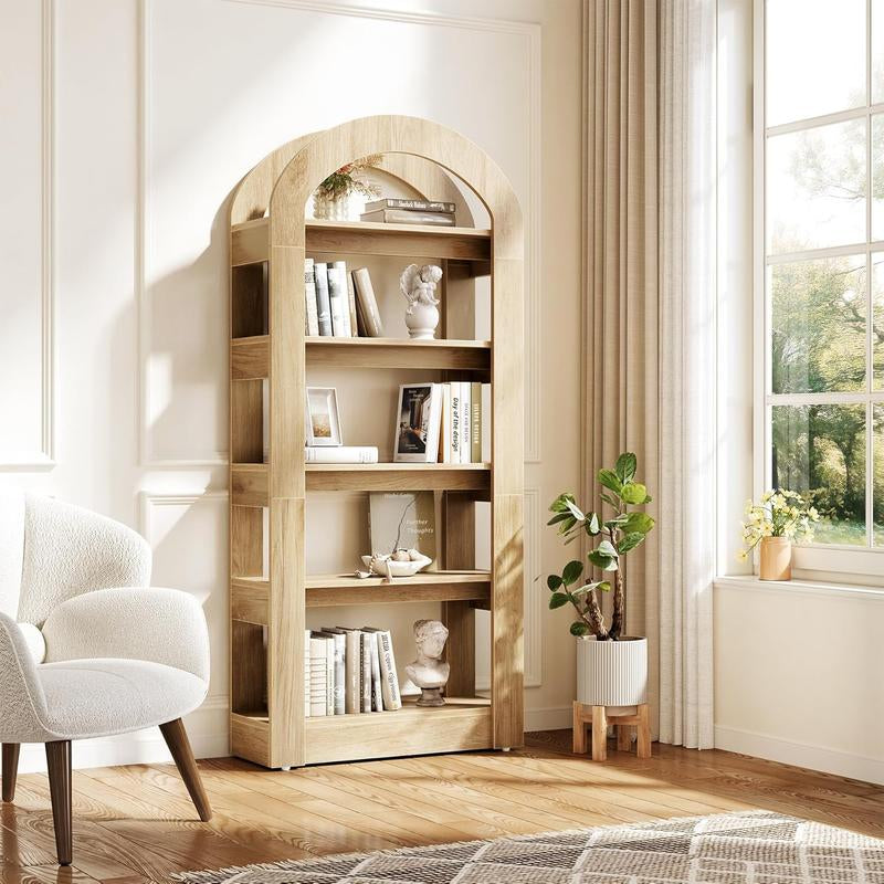 LITTLE TREE 5-Tier Bookshelf, Arch-Shaped Racks, Tall Standing Wooden Bookcase Display Shelf Modern Storage Solution