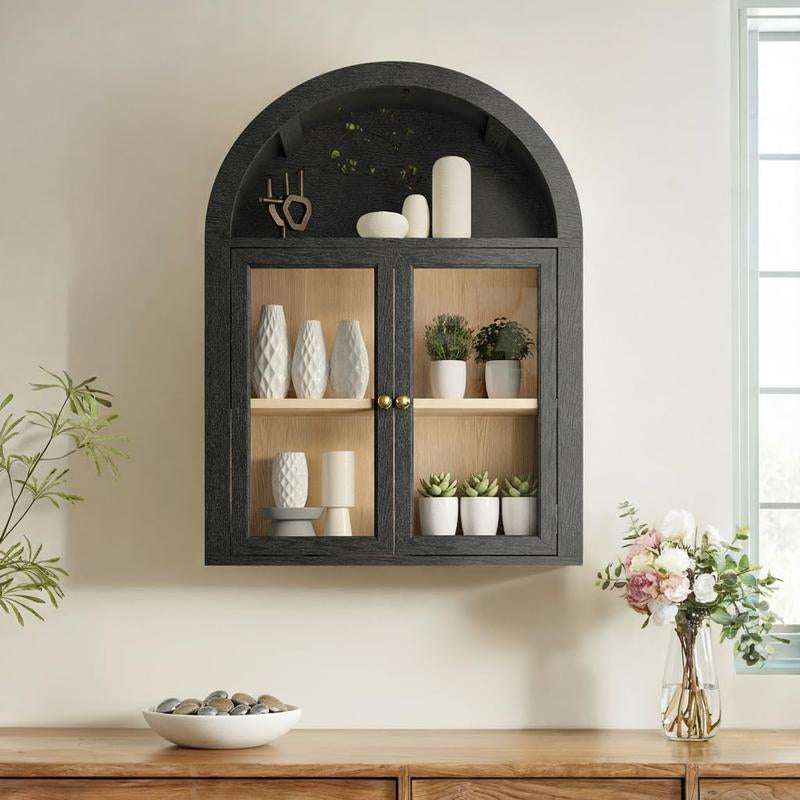 Arched Wall Cabinet,Glass Display Wall Mounted Cabinet with Tempered Glass Doors, Floating Cabinet with Adjustable Shelves for Bathroom,Living Room, Kitchen