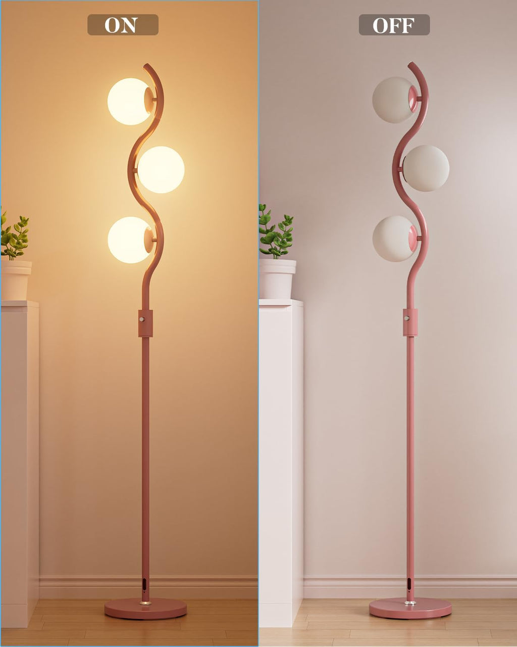 60IN Dimmable Pink Floor Lamp Mid Century Standing Lamps with 3Pcs G9 3000K Warm White Bulbs Stepless Dimming Globe Modern Tall Lamp with Stable Base for Bedroom Office