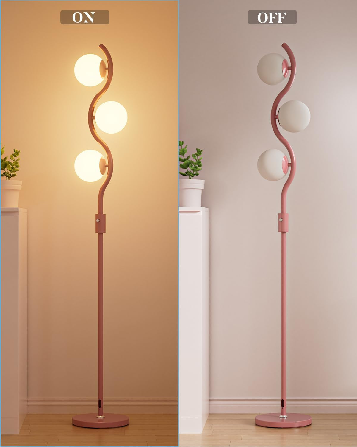 60IN Dimmable Pink Floor Lamp Mid Century Standing Lamps with 3Pcs G9 3000K Warm White Bulbs Stepless Dimming Globe Modern Tall Lamp with Stable Base for Bedroom Office