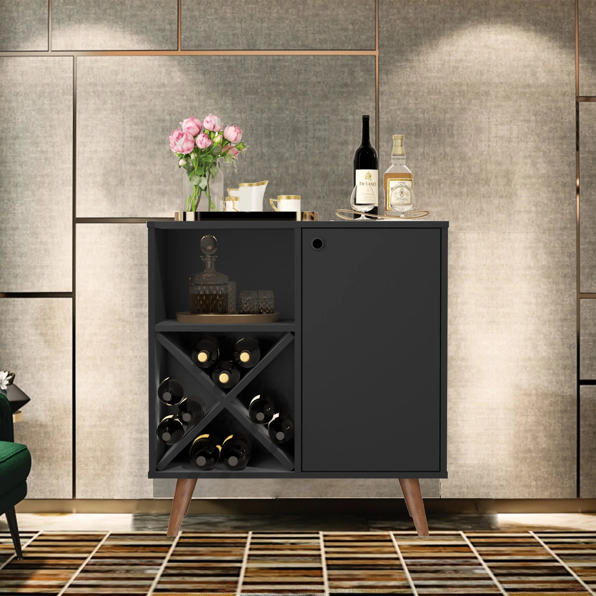 Boahaus Cartmel Bar Cabinet with Wine Rack & Storage | Modern Design & Wooden Legs
