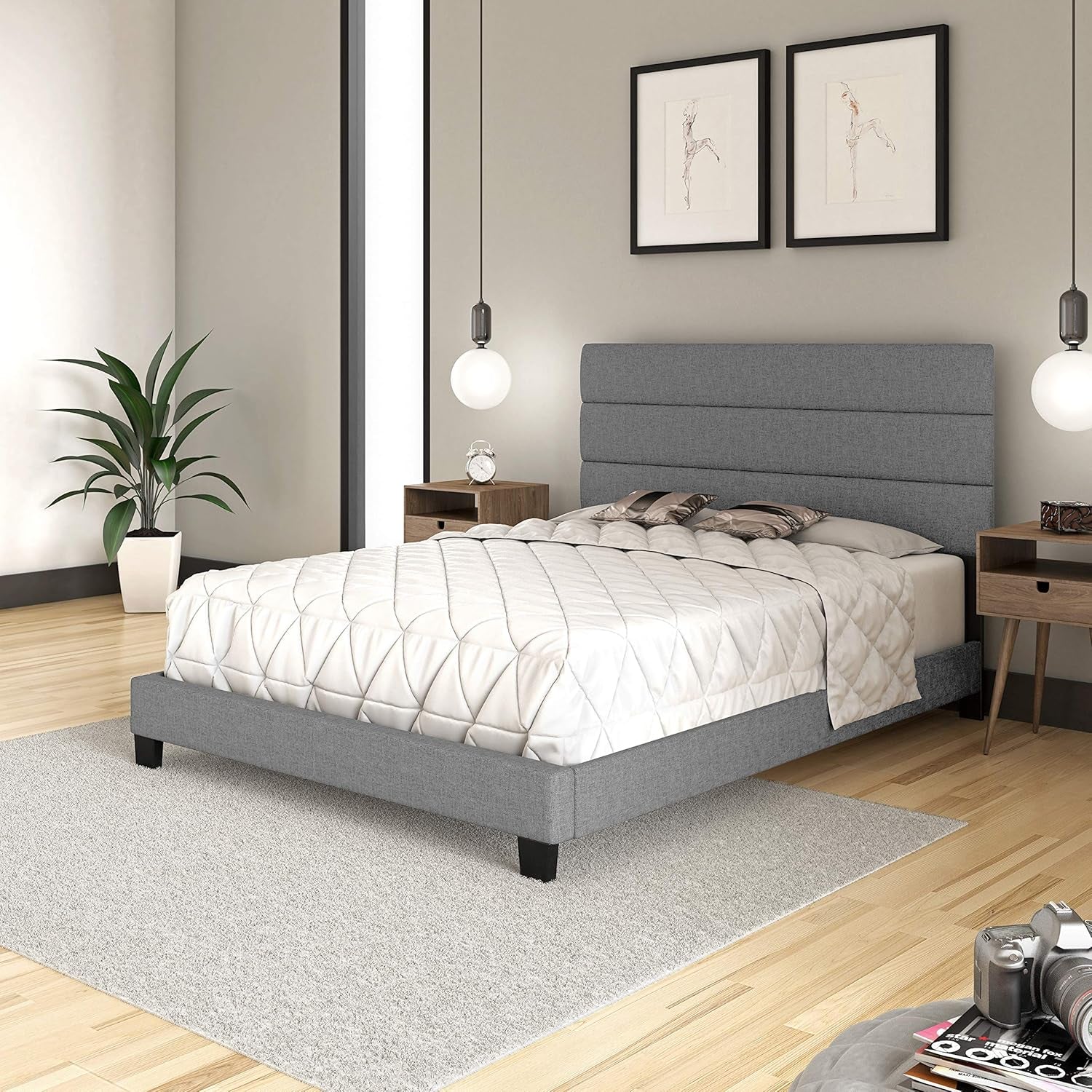 Ravenna Grey Linen Full Size Fully Upholstered Platform Bed Frame with Adjustable Headboard - Qualified Box Spring or Foundation Required for Use