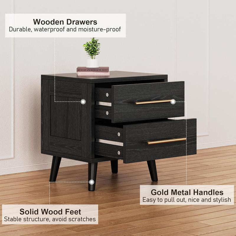 Gizoon Nightstand, Bedside Table with Metal Handles, Modern Wood Night Stand 2 Drawer Dresser for Bedroom, Black Furniture