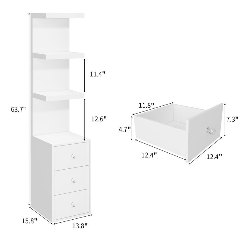 VOWNER 3 Tier Stand Shelf with 3 Drawers Modern Decor beside Table Nightstand with LED Light for Vanity Bedroom